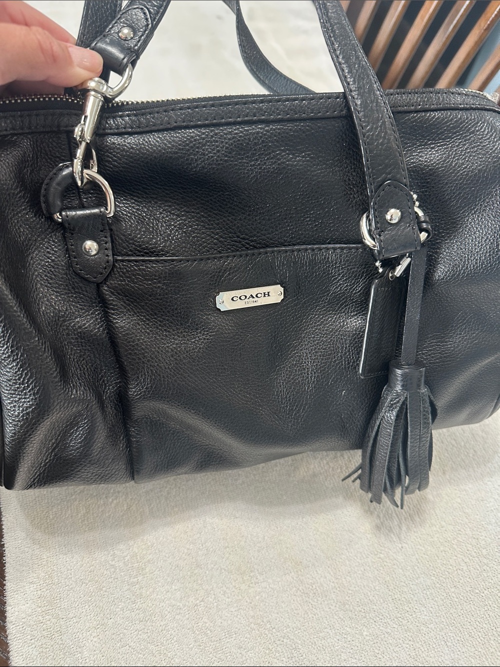 Coach Black Pebbled Leather Shoulder Bag with Tassel